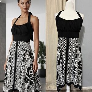 Corey P Black White Scarf Print Halter Midi Dress L Handkerchief Hem Fairy Y2K